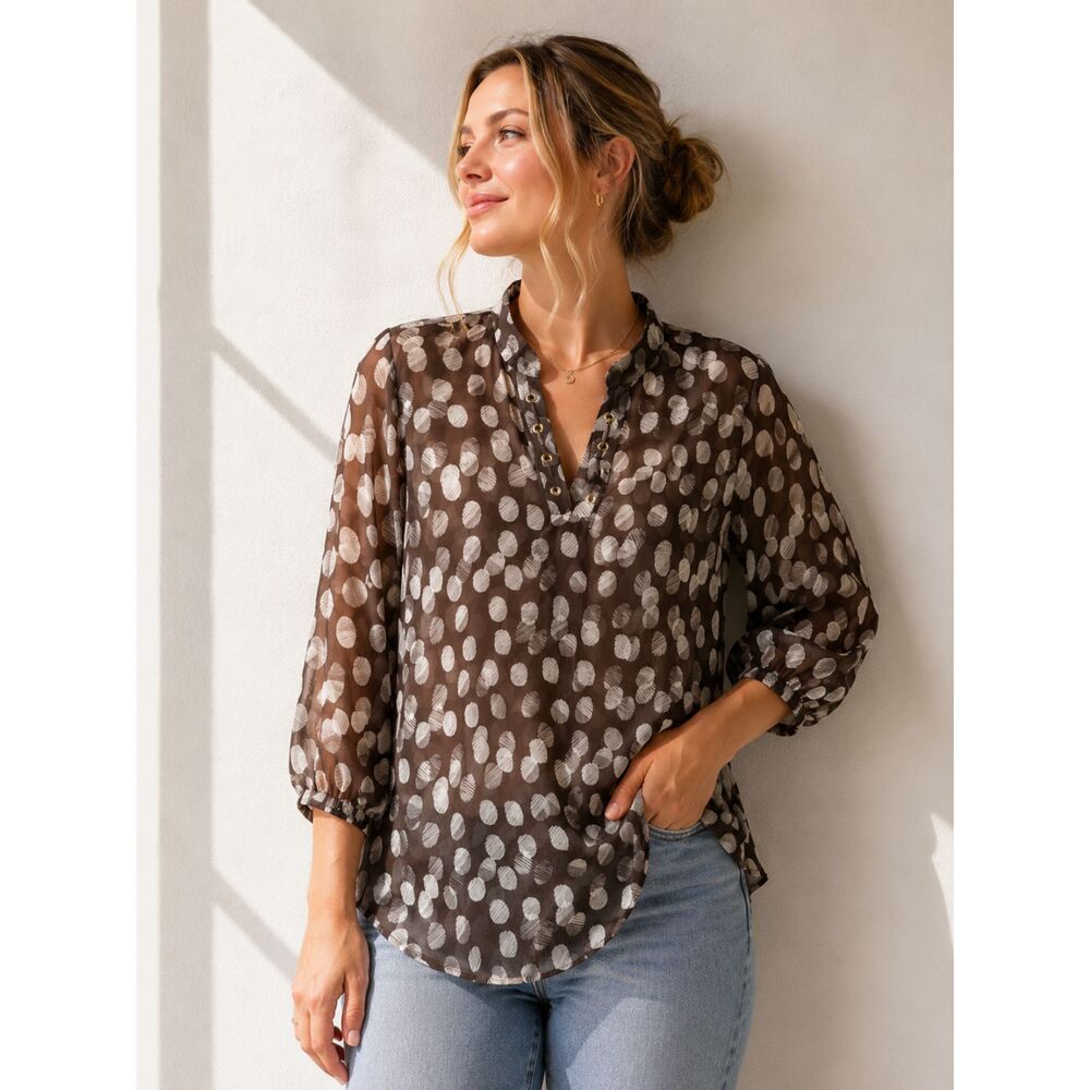 Chico's Brown Sheer Polka Dot Blouse Women's Size 3 Plus Lightweight Top